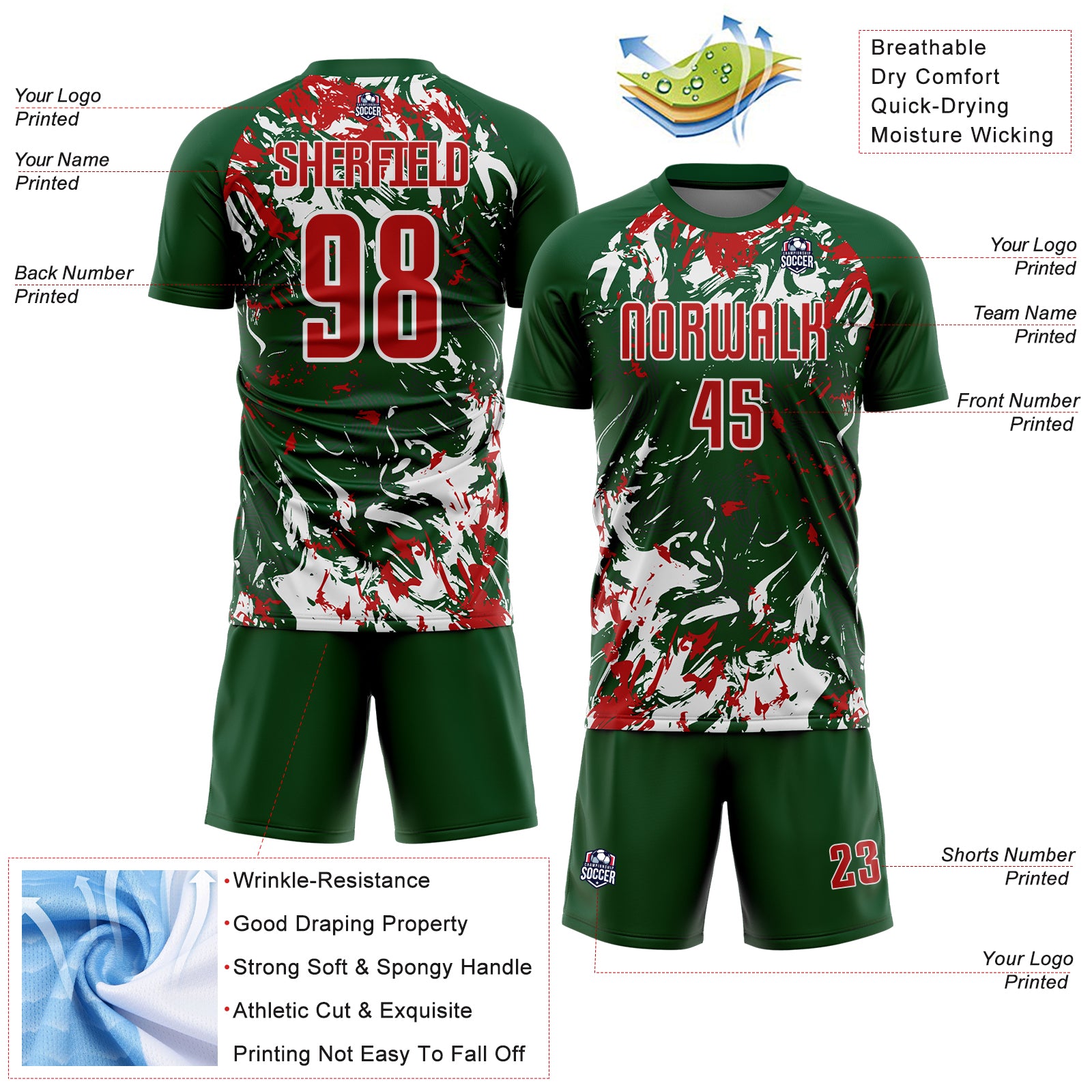 Custom Green Red-White Fluid Art Splash Sublimation Soccer Uniform Jersey