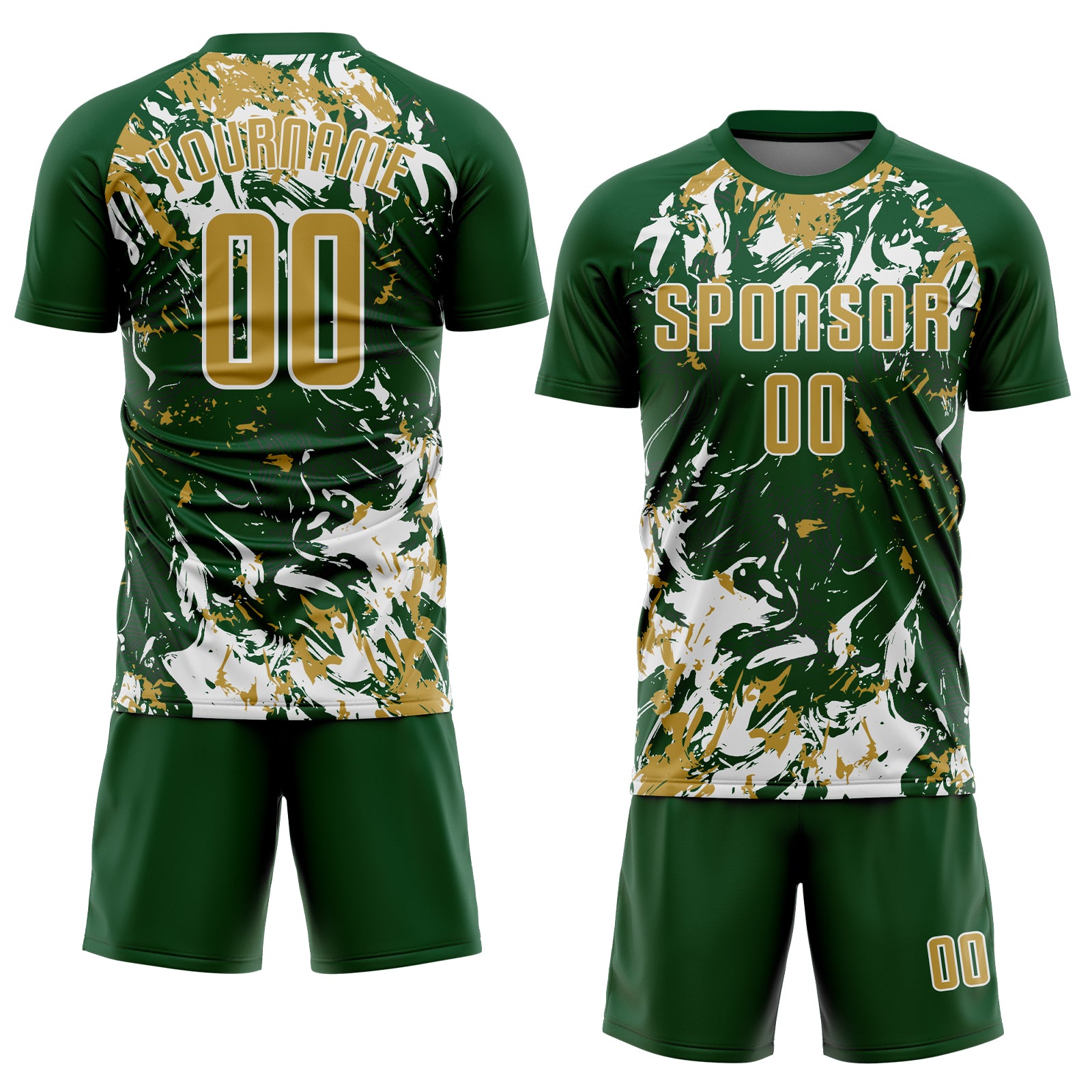 Custom Green Old Gold-White Fluid Art Splash Sublimation Soccer Uniform Jersey