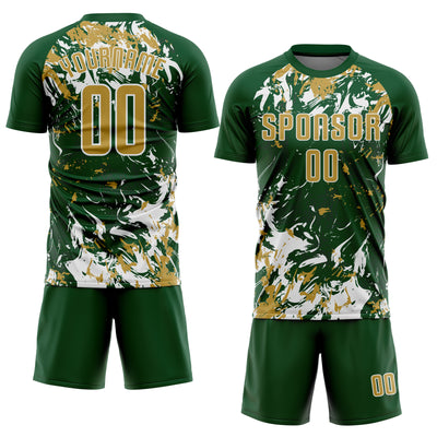 Custom Green Old Gold-White Fluid Art Splash Sublimation Soccer Uniform Jersey