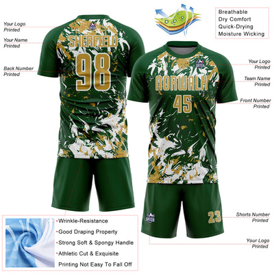 Custom Green Old Gold-White Fluid Art Splash Sublimation Soccer Uniform Jersey