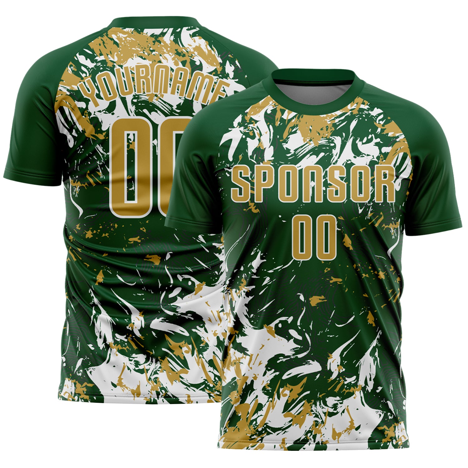 Custom Green Old Gold-White Fluid Art Splash Sublimation Soccer Uniform Jersey