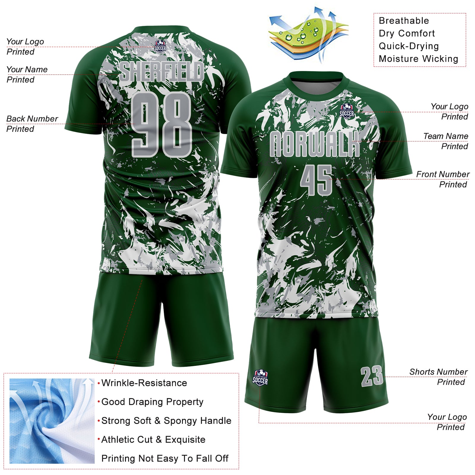 Custom Green Gray-White Fluid Art Splash Sublimation Soccer Uniform Jersey