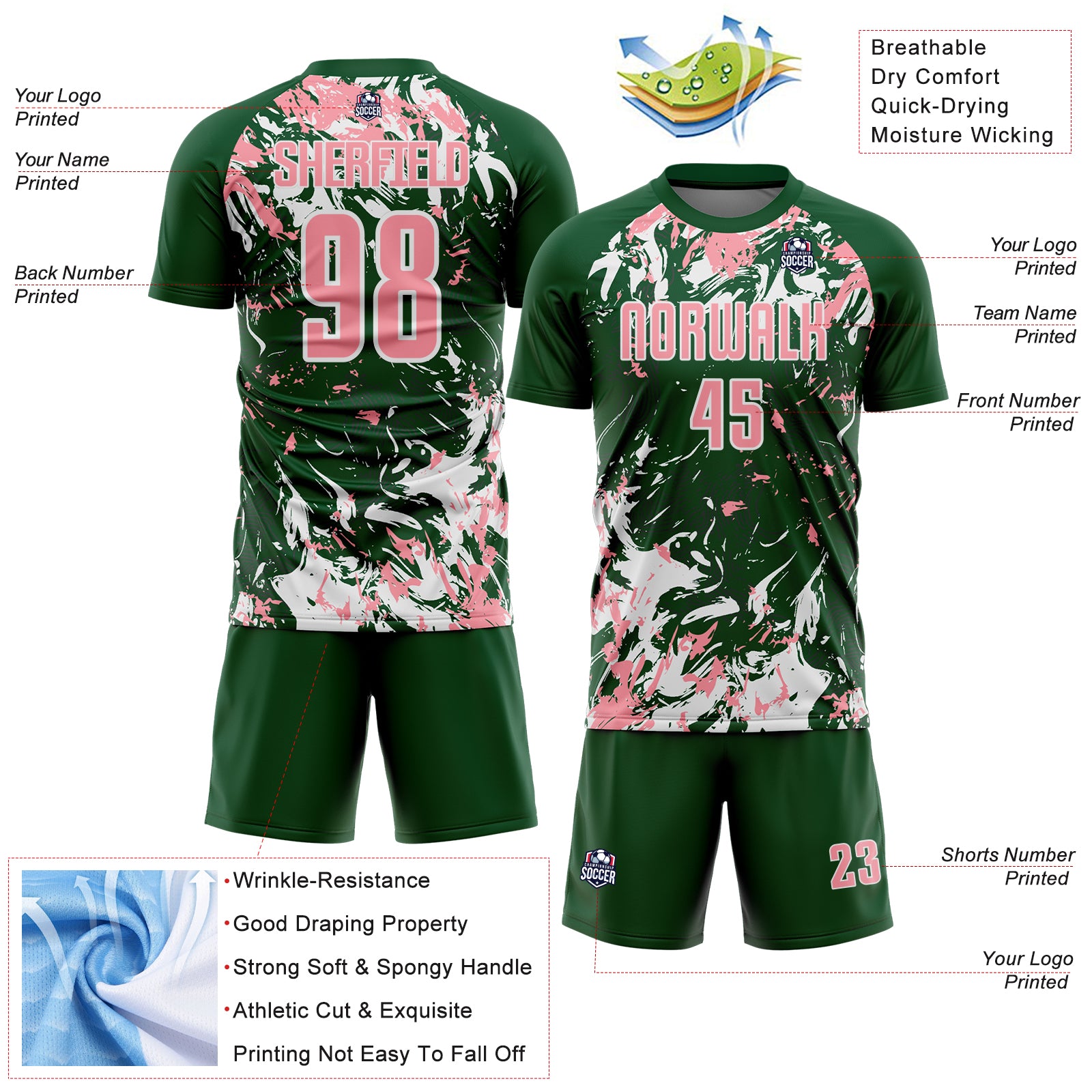 Custom Green Medium Pink-White Fluid Art Splash Sublimation Soccer Uniform Jersey