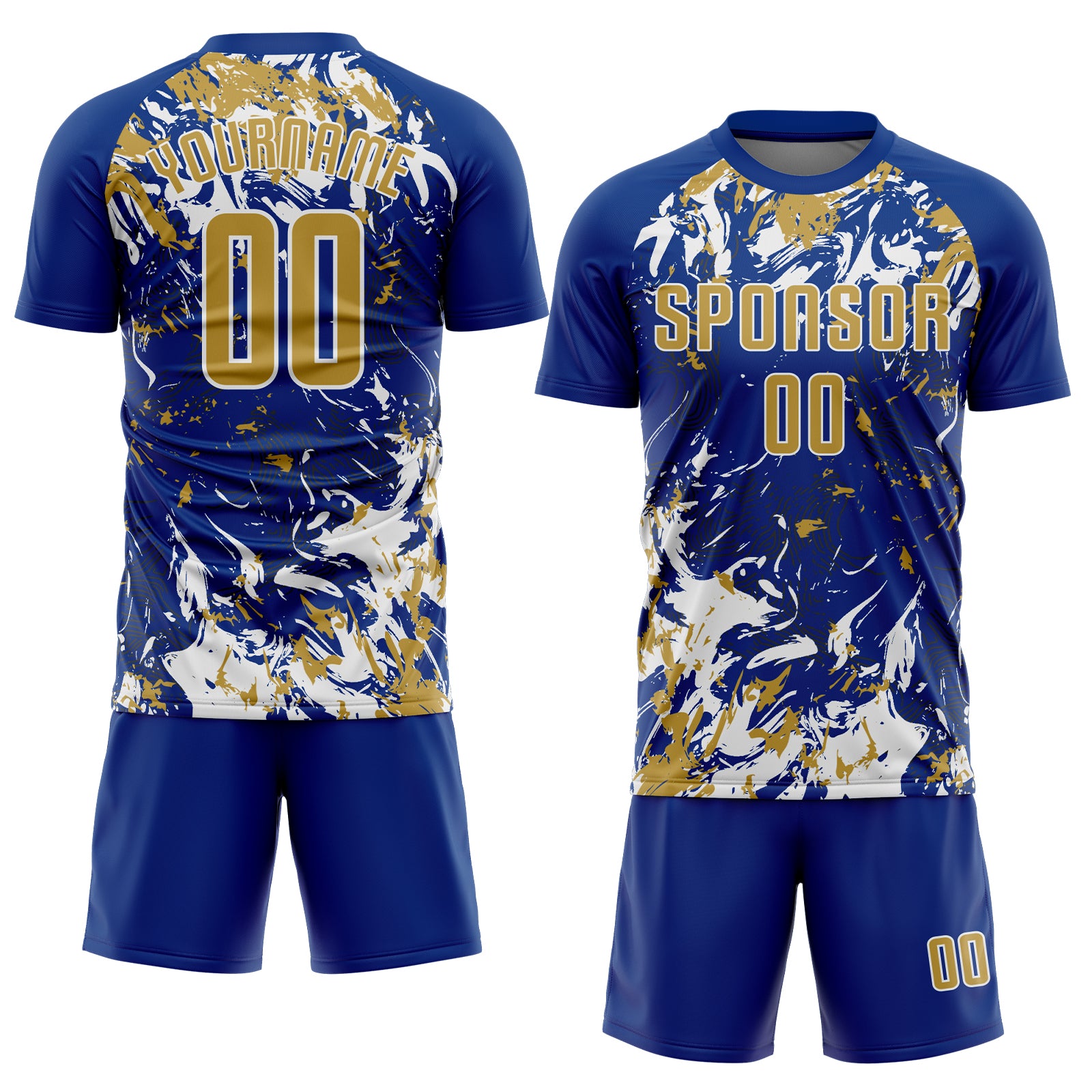 Custom Royal Old Gold-White Fluid Art Splash Sublimation Soccer Uniform Jersey