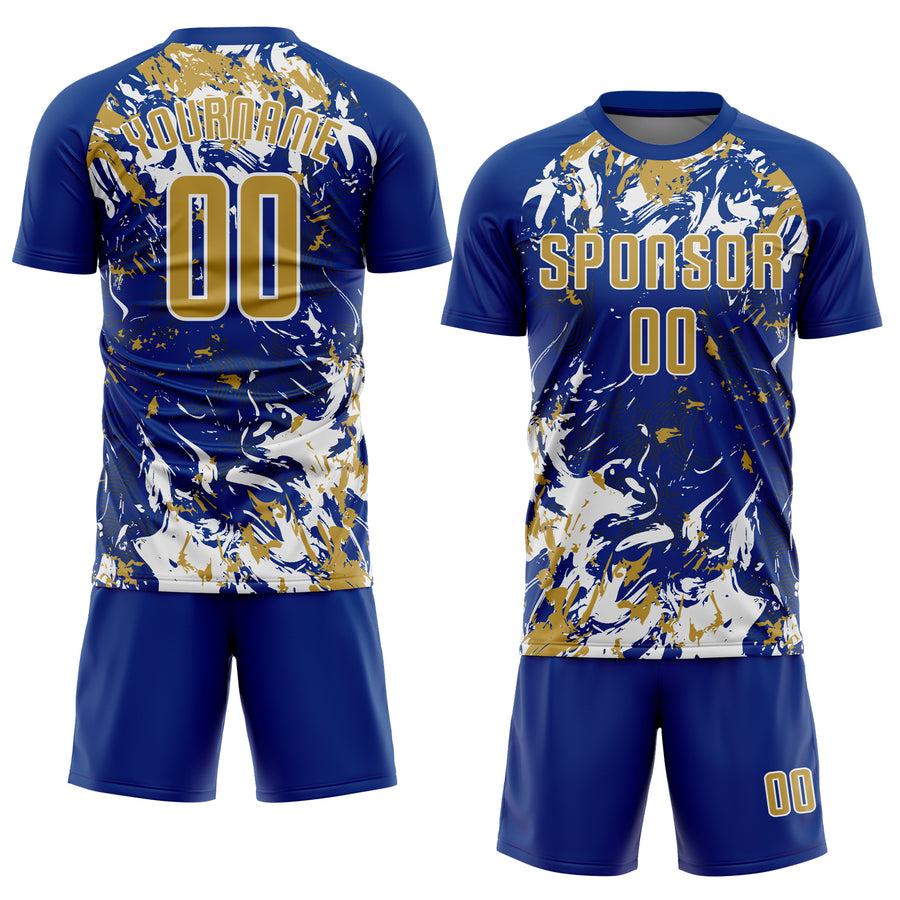 Custom Royal Old Gold-White Fluid Art Splash Sublimation Soccer Uniform Jersey