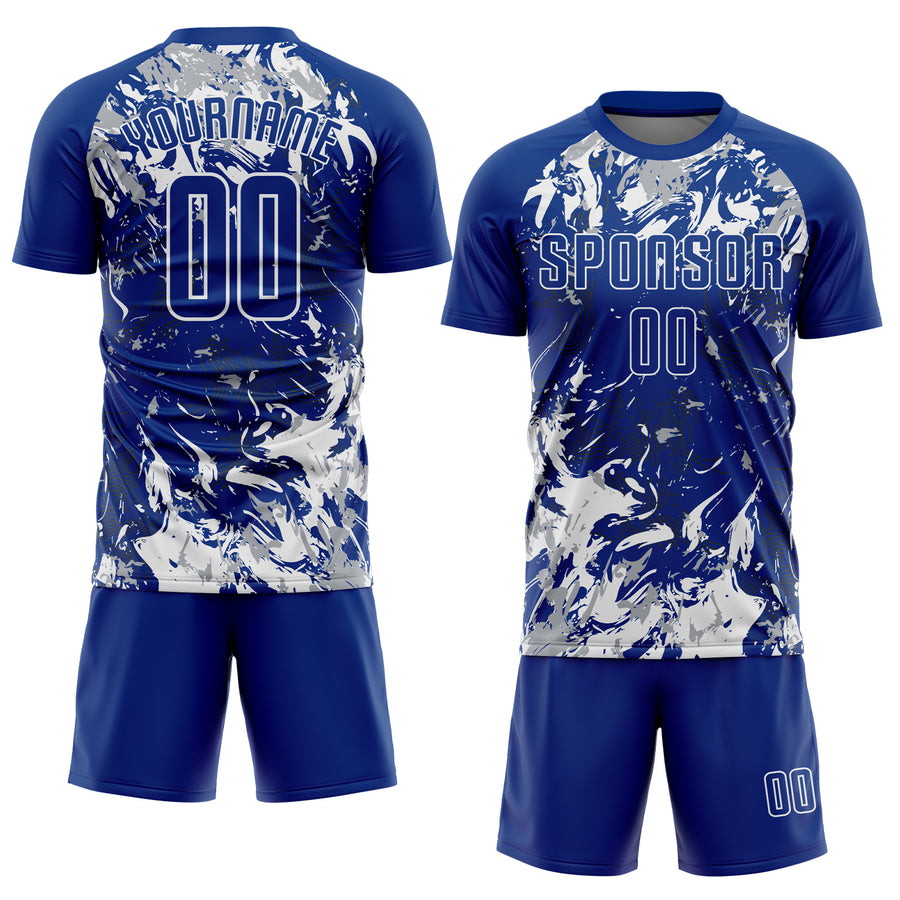 Custom Royal Gray-White Fluid Art Splash Sublimation Soccer Uniform Jersey