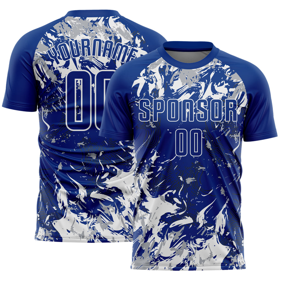 Custom Royal Gray-White Fluid Art Splash Sublimation Soccer Uniform Jersey