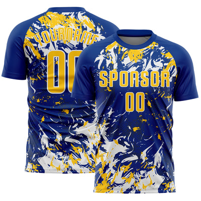 Custom Royal Yellow-White Fluid Art Splash Sublimation Soccer Uniform Jersey