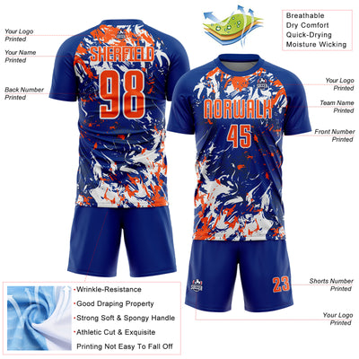 Custom Royal Orange-White Fluid Art Splash Sublimation Soccer Uniform Jersey