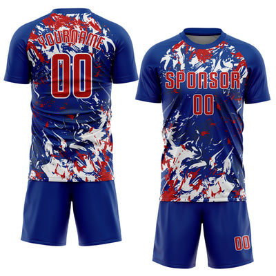 Custom Royal Red-White Fluid Art Splash Sublimation Soccer Uniform Jersey