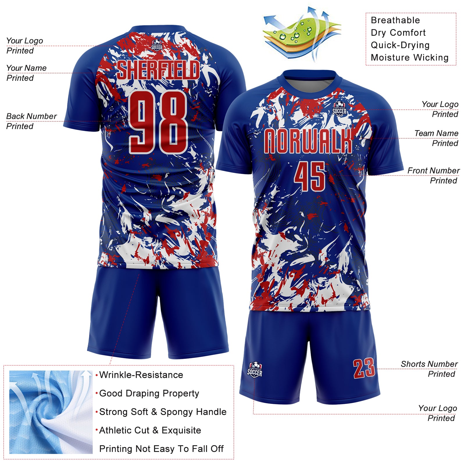 Custom Royal Red-White Fluid Art Splash Sublimation Soccer Uniform Jersey