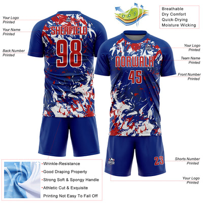 Custom Royal Red-White Fluid Art Splash Sublimation Soccer Uniform Jersey
