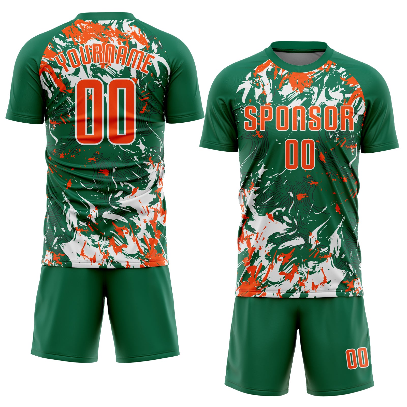 Custom Kelly Green Orange-White Fluid Art Splash Sublimation Soccer Uniform Jersey