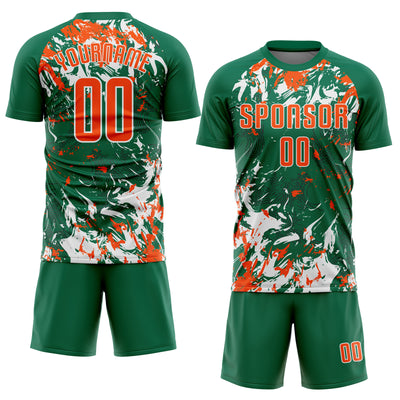 Custom Kelly Green Orange-White Fluid Art Splash Sublimation Soccer Uniform Jersey