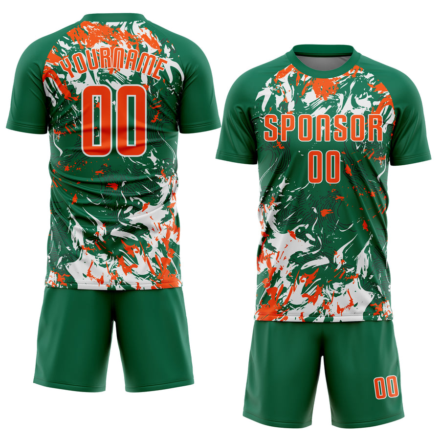 Custom Kelly Green Orange-White Fluid Art Splash Sublimation Soccer Uniform Jersey