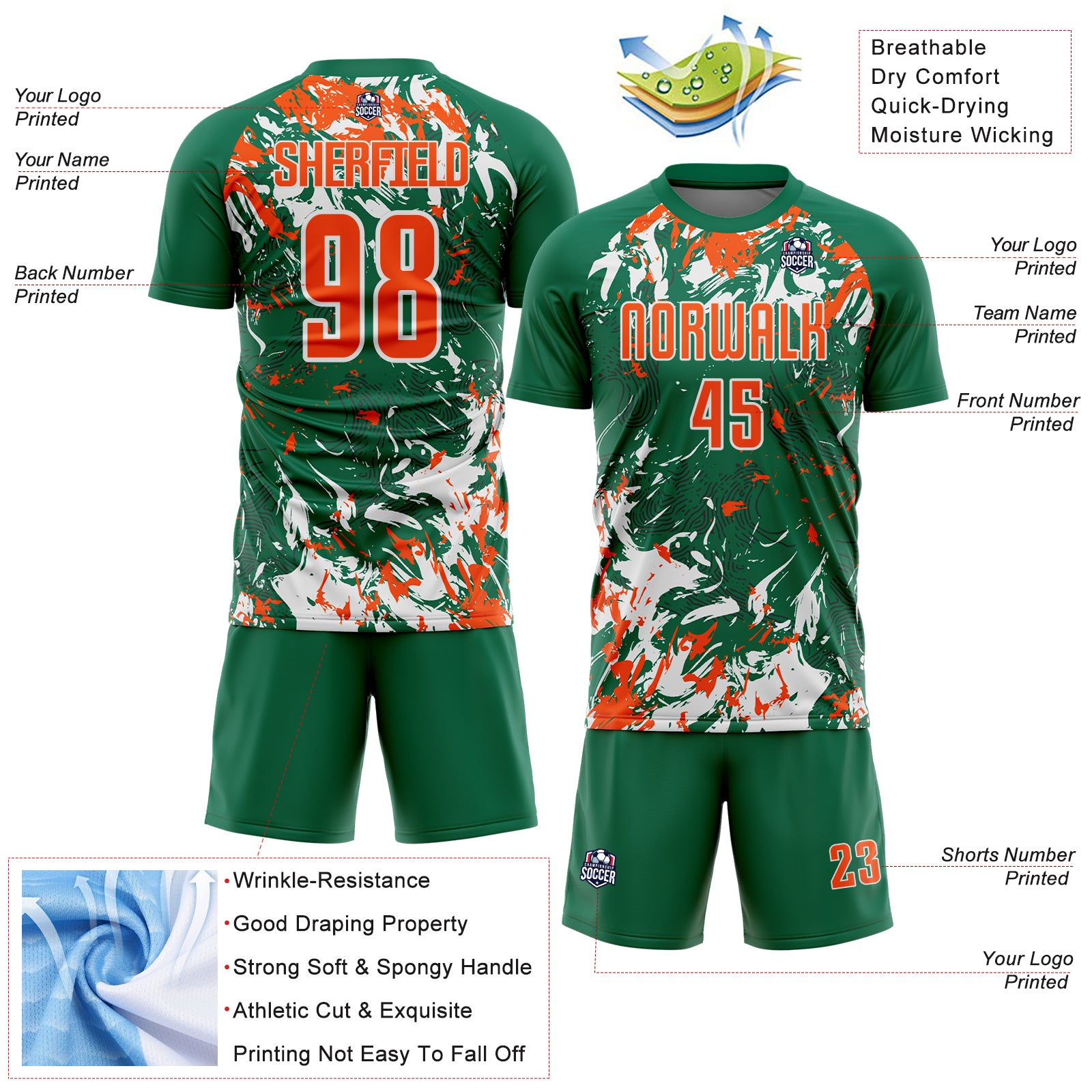 Custom Kelly Green Orange-White Fluid Art Splash Sublimation Soccer Uniform Jersey