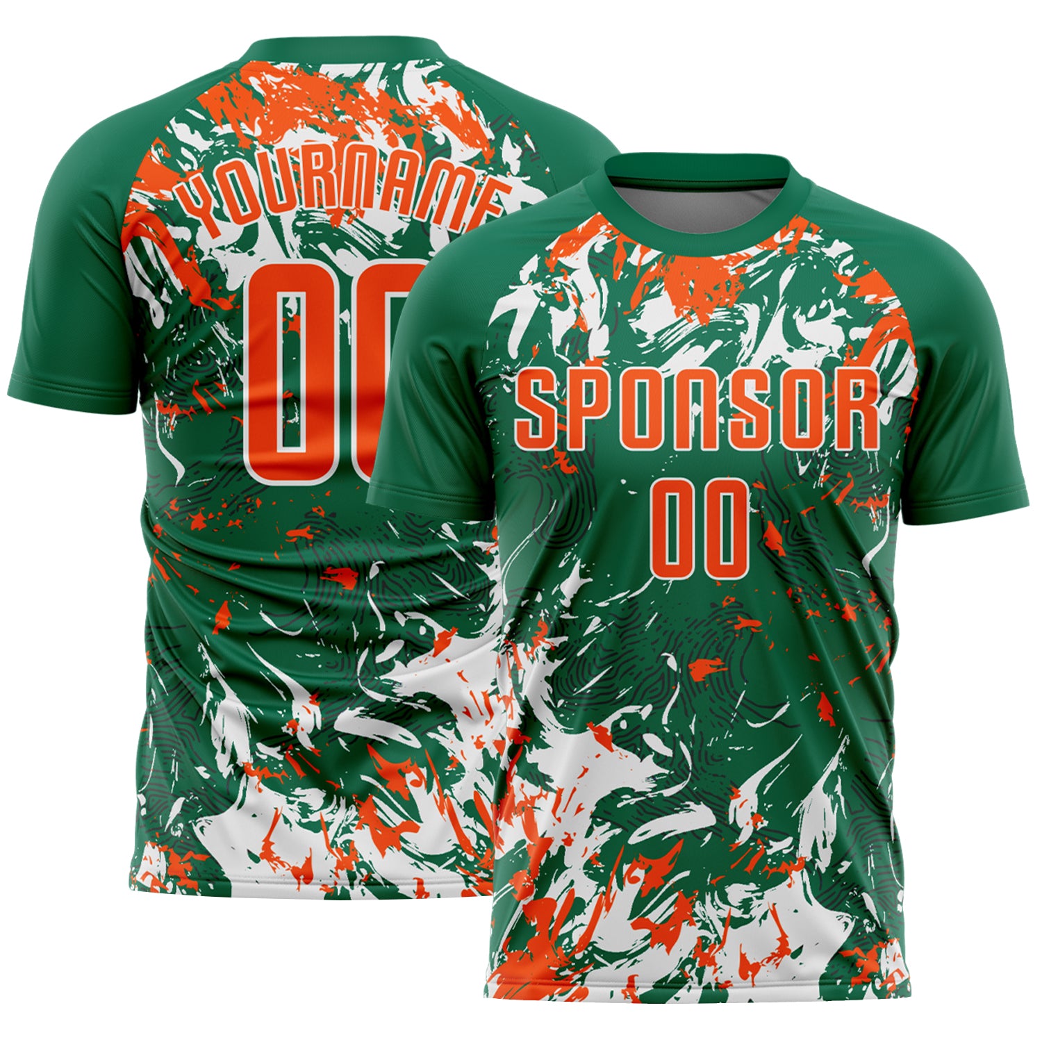 Custom Kelly Green Orange-White Fluid Art Splash Sublimation Soccer Uniform Jersey