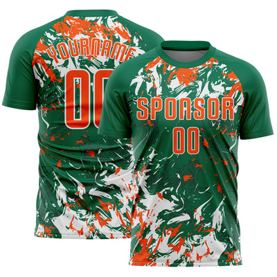 Custom Kelly Green Orange-White Fluid Art Splash Sublimation Soccer Uniform Jersey