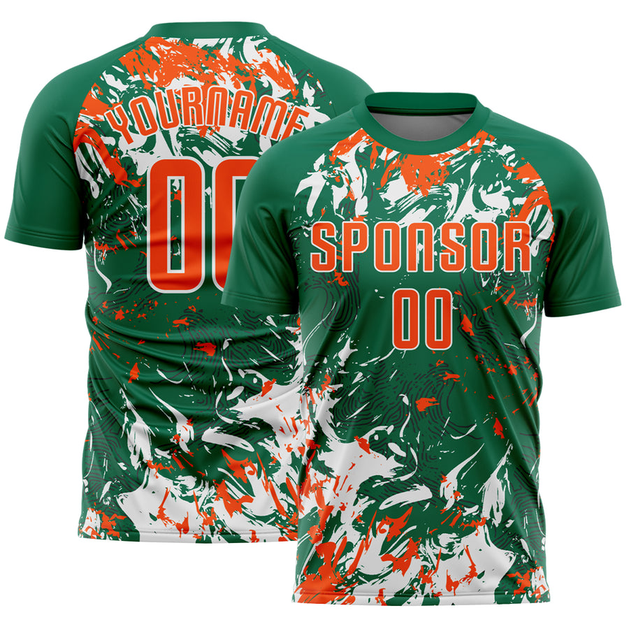 Custom Kelly Green Orange-White Fluid Art Splash Sublimation Soccer Uniform Jersey