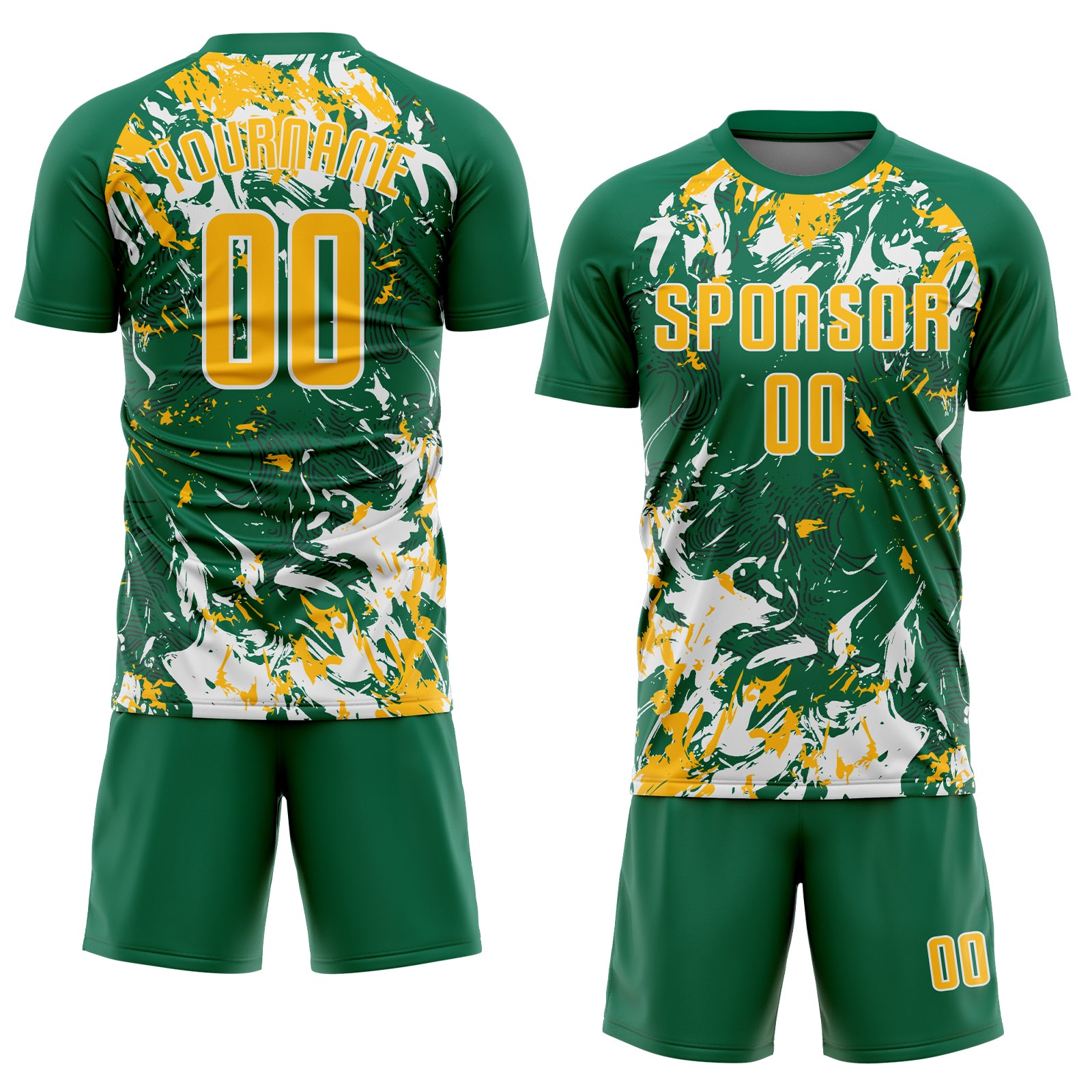 Custom Kelly Green Gold-White Fluid Art Splash Sublimation Soccer Uniform Jersey