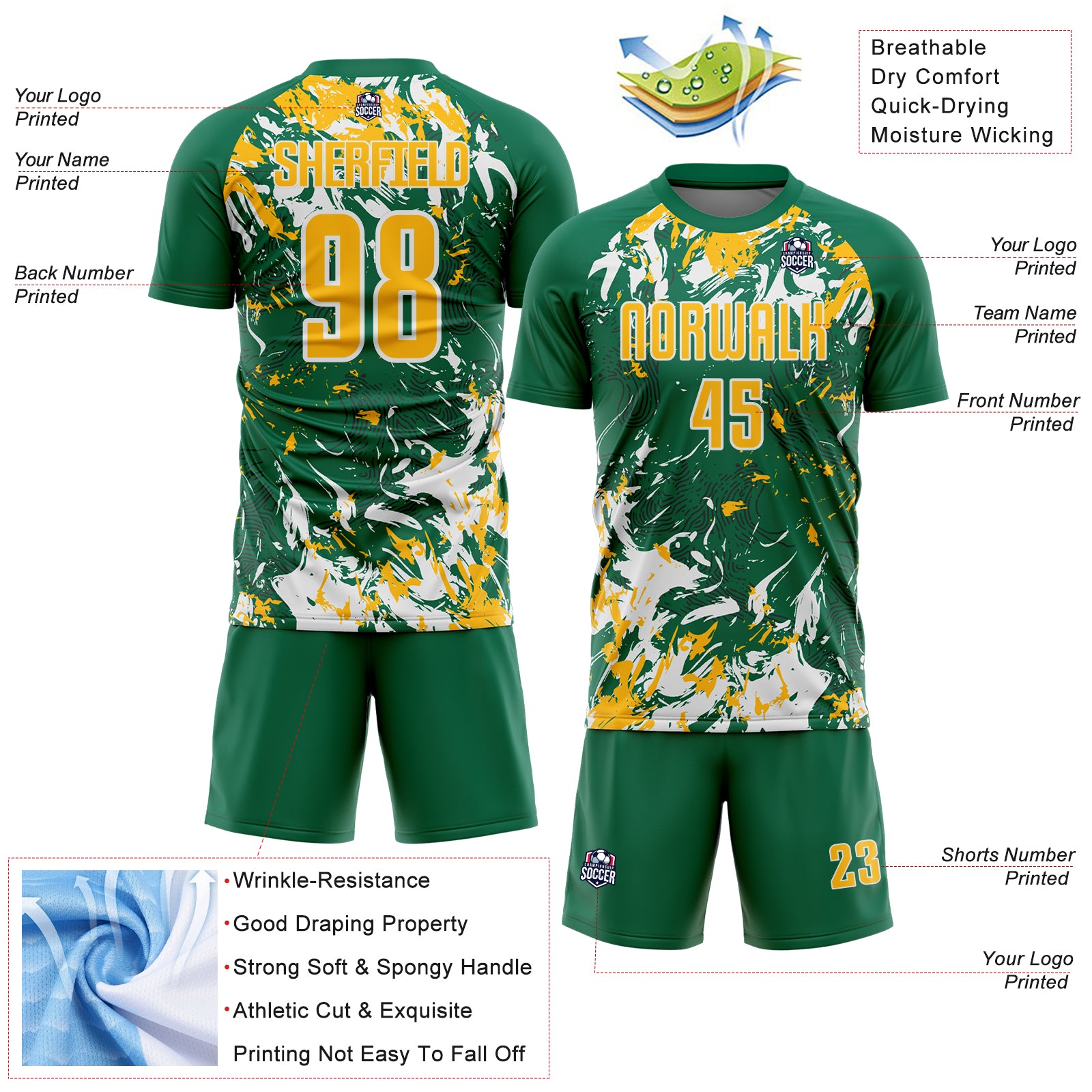 Custom Kelly Green Gold-White Fluid Art Splash Sublimation Soccer Uniform Jersey