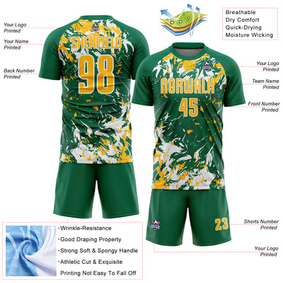 Custom Kelly Green Gold-White Fluid Art Splash Sublimation Soccer Uniform Jersey