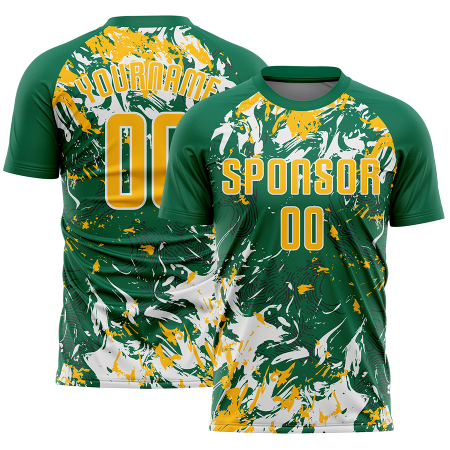 Custom Kelly Green Gold-White Fluid Art Splash Sublimation Soccer Uniform Jersey