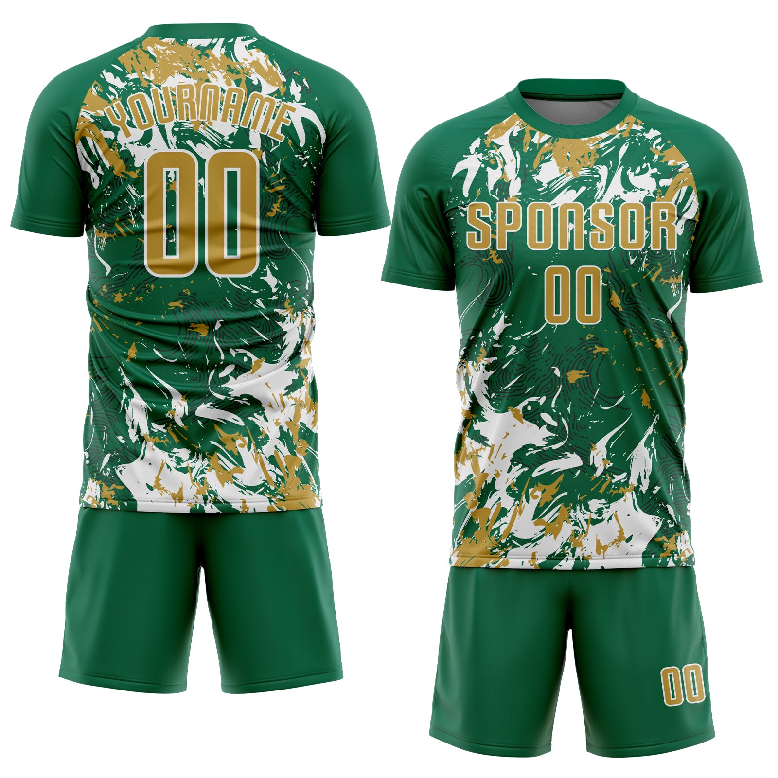 Custom Kelly Green Old Gold-White Fluid Art Splash Sublimation Soccer Uniform Jersey