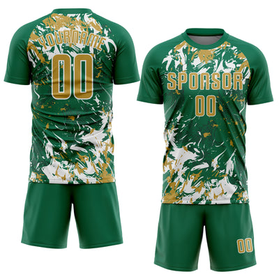 Custom Kelly Green Old Gold-White Fluid Art Splash Sublimation Soccer Uniform Jersey