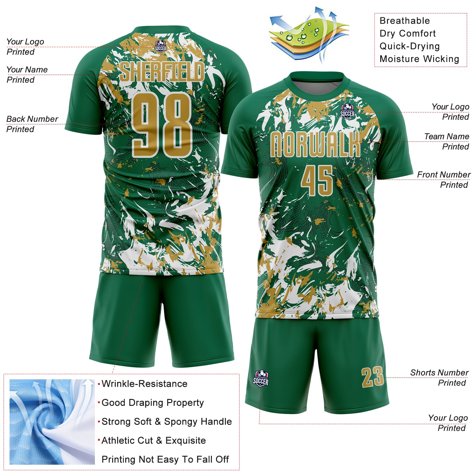 Custom Kelly Green Old Gold-White Fluid Art Splash Sublimation Soccer Uniform Jersey