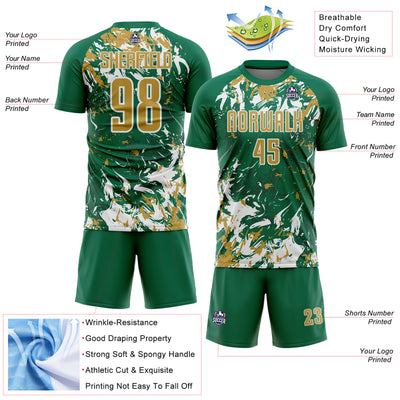 Custom Kelly Green Old Gold-White Fluid Art Splash Sublimation Soccer Uniform Jersey
