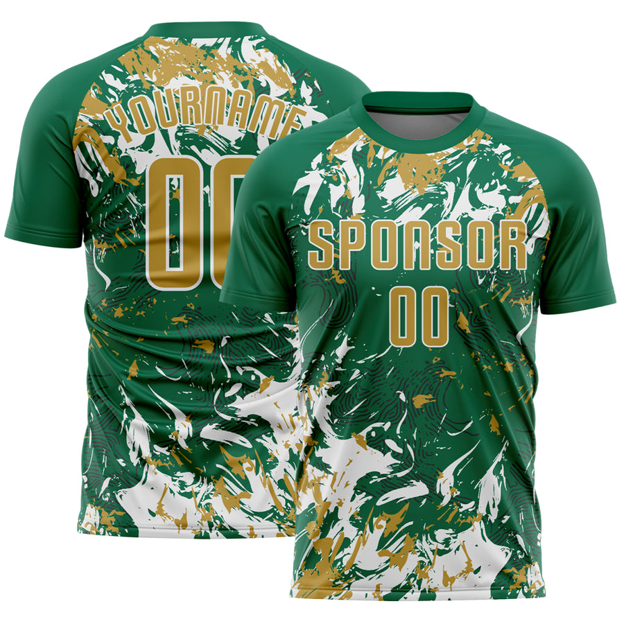 Custom Kelly Green Old Gold-White Fluid Art Splash Sublimation Soccer Uniform Jersey