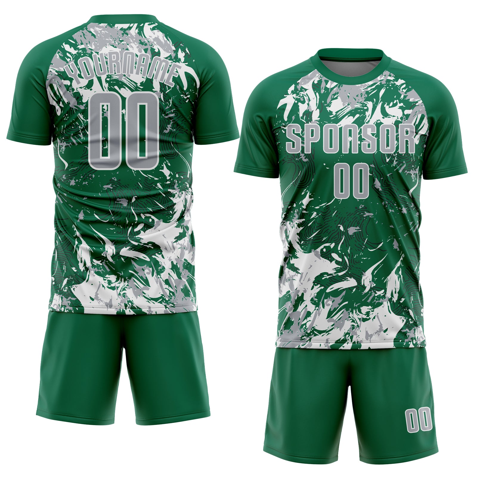 Custom Kelly Green Gray-White Fluid Art Splash Sublimation Soccer Uniform Jersey