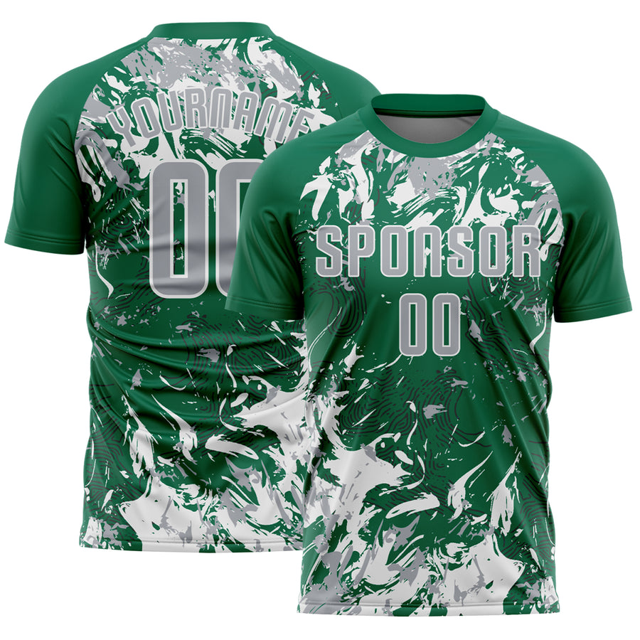 Custom Kelly Green Gray-White Fluid Art Splash Sublimation Soccer Uniform Jersey