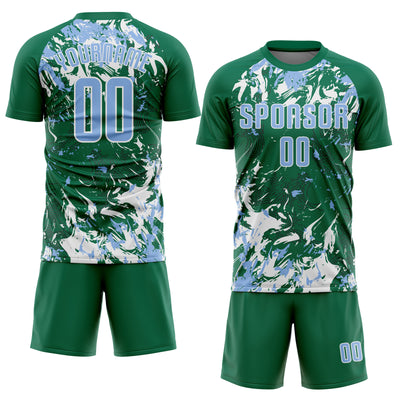 Custom Kelly Green Light Blue-White Fluid Art Splash Sublimation Soccer Uniform Jersey