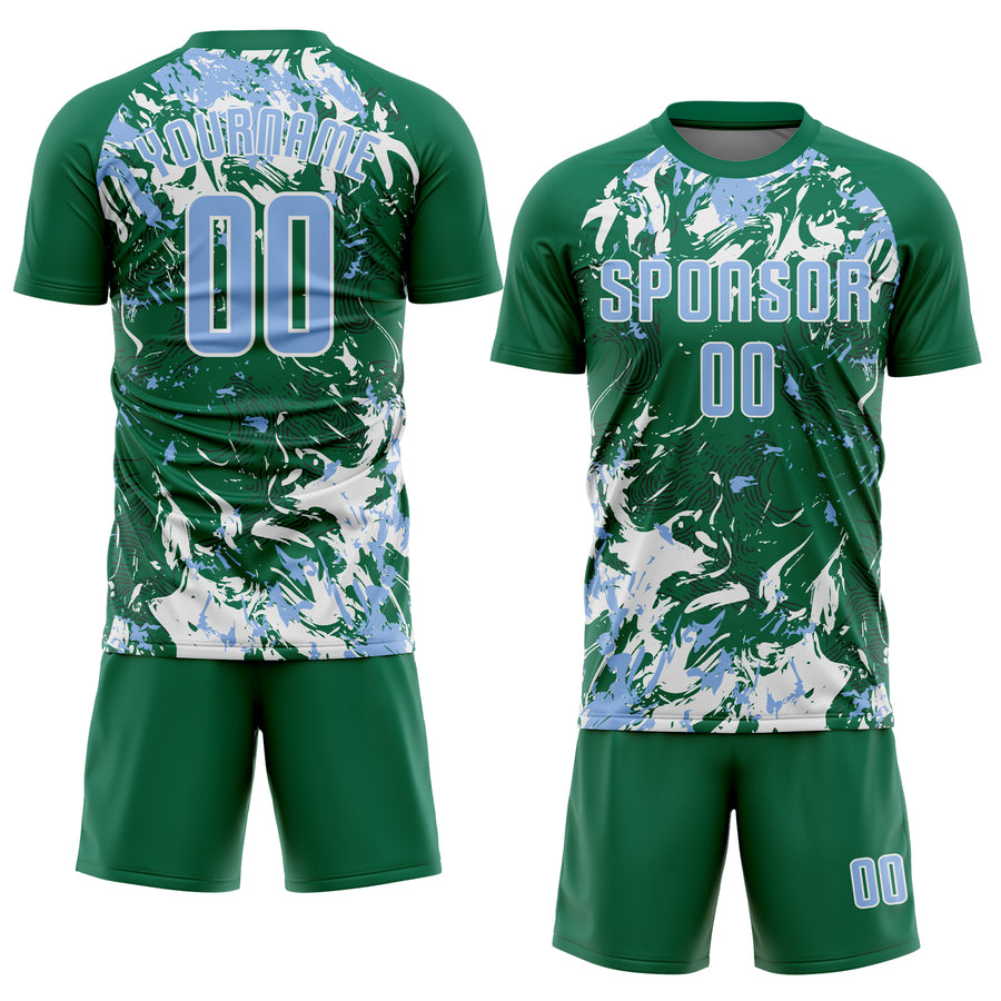 Custom Kelly Green Light Blue-White Fluid Art Splash Sublimation Soccer Uniform Jersey