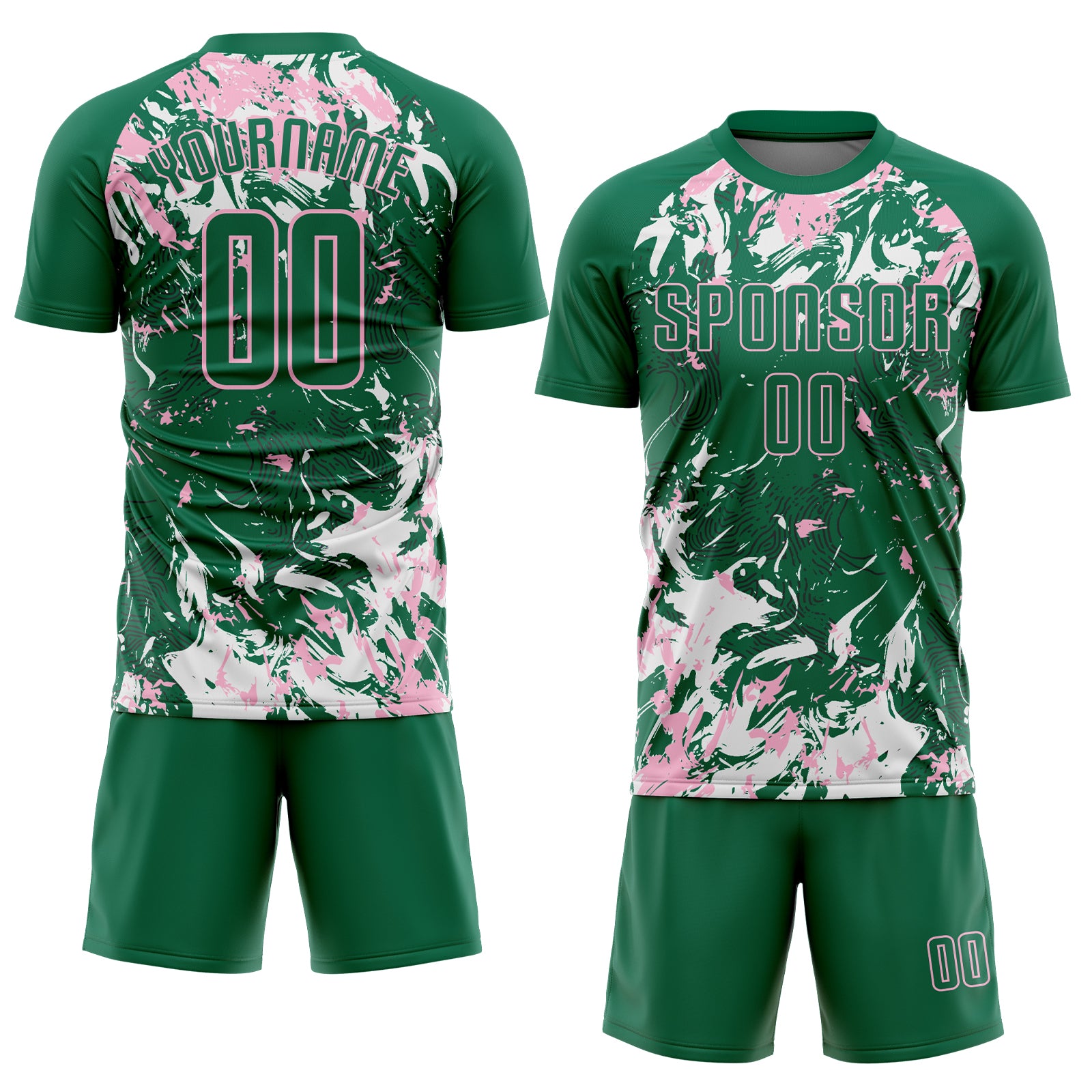 Custom Kelly Green Light Pink-White Fluid Art Splash Sublimation Soccer Uniform Jersey