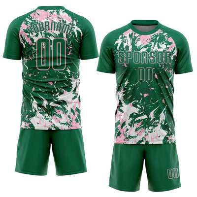 Custom Kelly Green Light Pink-White Fluid Art Splash Sublimation Soccer Uniform Jersey