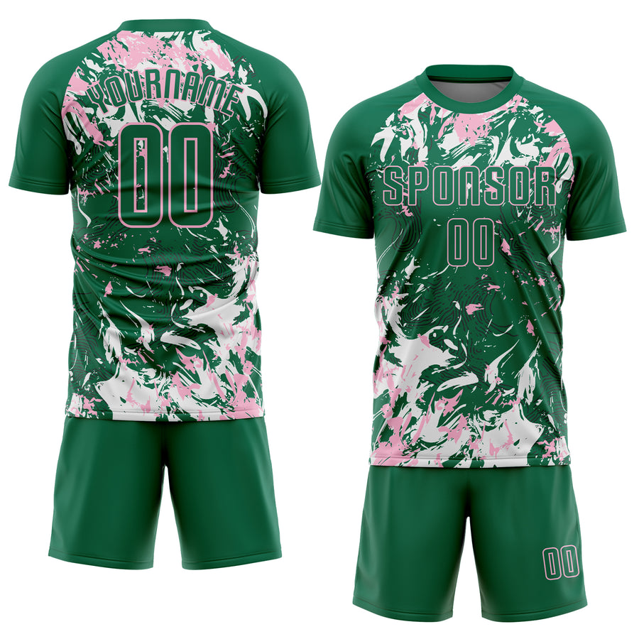 Custom Kelly Green Light Pink-White Fluid Art Splash Sublimation Soccer Uniform Jersey