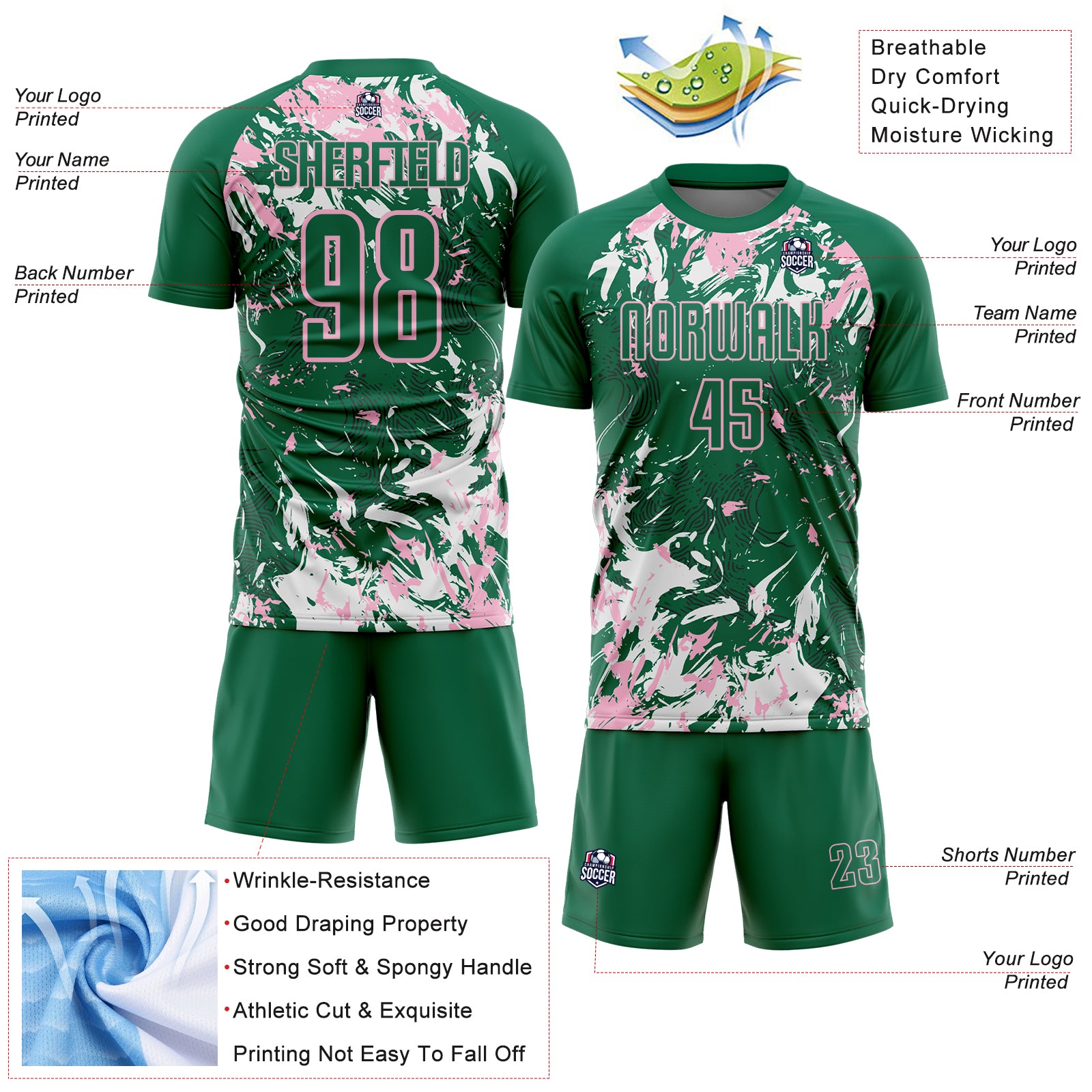 Custom Kelly Green Light Pink-White Fluid Art Splash Sublimation Soccer Uniform Jersey