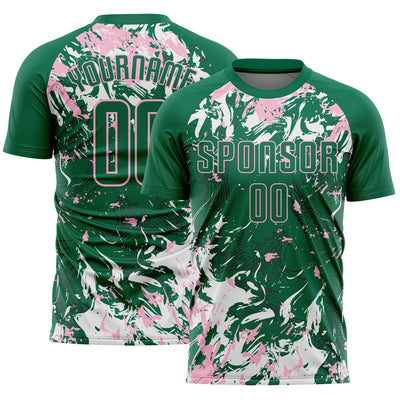 Custom Kelly Green Light Pink-White Fluid Art Splash Sublimation Soccer Uniform Jersey