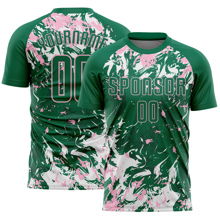 Custom Kelly Green Light Pink-White Fluid Art Splash Sublimation Soccer Uniform Jersey
