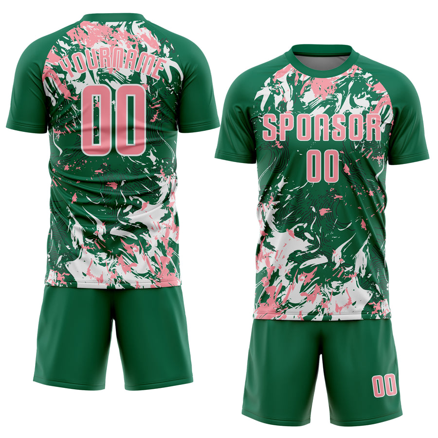 Custom Kelly Green Medium Pink-White Fluid Art Splash Sublimation Soccer Uniform Jersey