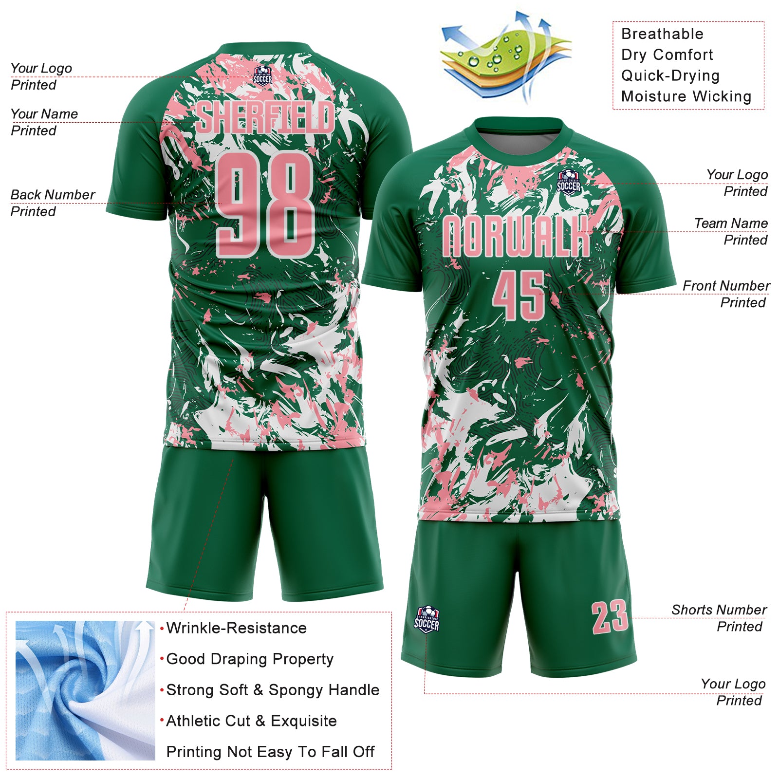 Custom Kelly Green Medium Pink-White Fluid Art Splash Sublimation Soccer Uniform Jersey