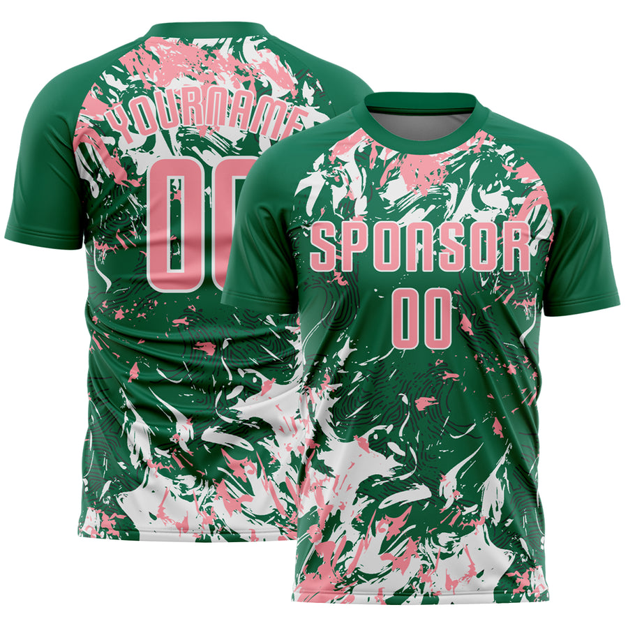 Custom Kelly Green Medium Pink-White Fluid Art Splash Sublimation Soccer Uniform Jersey
