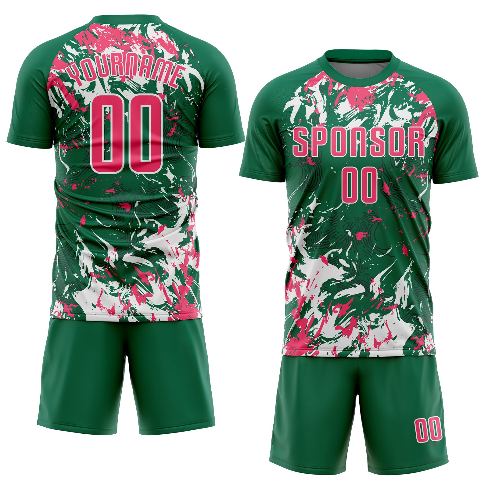 Custom Kelly Green Neon Pink-White Fluid Art Splash Sublimation Soccer Uniform Jersey