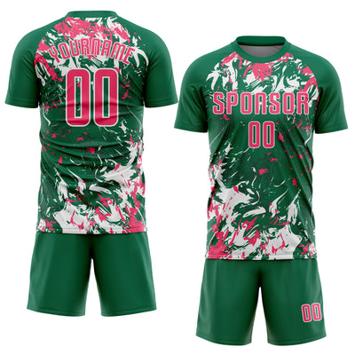 Custom Kelly Green Neon Pink-White Fluid Art Splash Sublimation Soccer Uniform Jersey