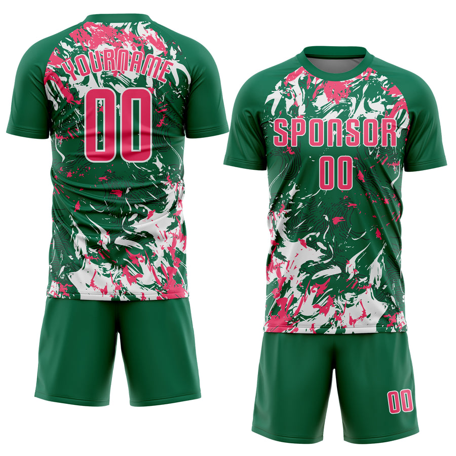 Custom Kelly Green Neon Pink-White Fluid Art Splash Sublimation Soccer Uniform Jersey