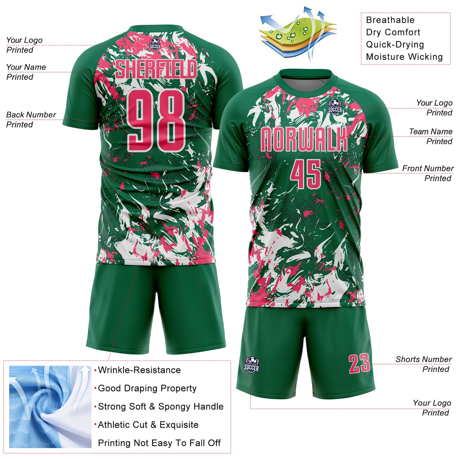 Custom Kelly Green Neon Pink-White Fluid Art Splash Sublimation Soccer Uniform Jersey