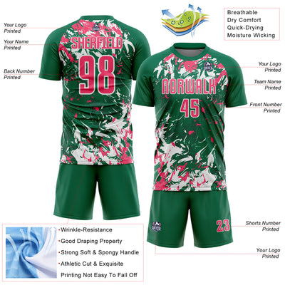 Custom Kelly Green Neon Pink-White Fluid Art Splash Sublimation Soccer Uniform Jersey